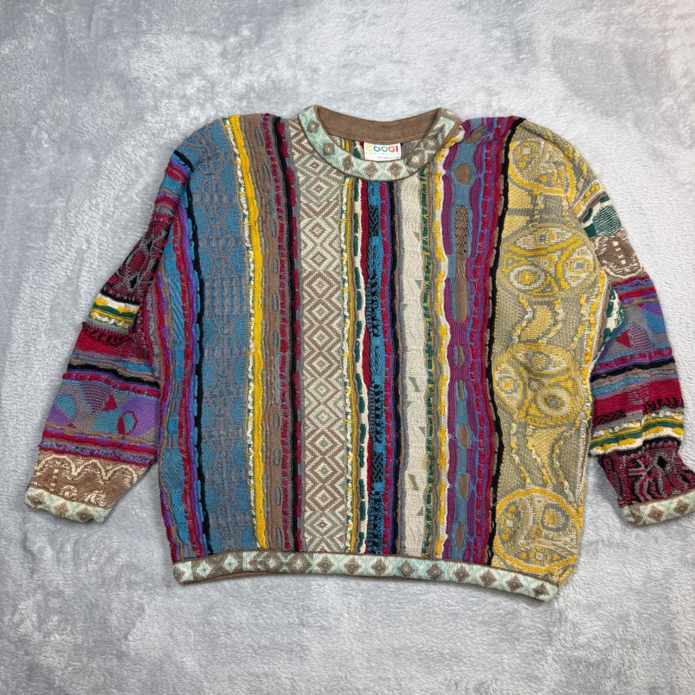 Vintage Coogi Sweater Mens L Multi Color 3D Knit Cotton Australia Biggie Y2K